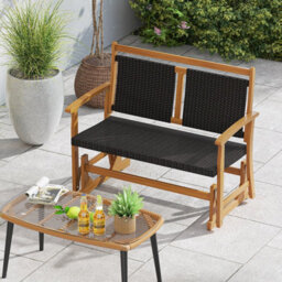 Costway Patio Rattan Glider Bench Outdoor 2-Person Rocking Loveseat W/ Acacia Wood Frame - thumbnail 4