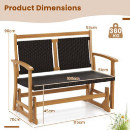 Costway Patio Rattan Glider Bench Outdoor 2-Person Rocking Loveseat W/ Acacia Wood Frame - thumbnail 2