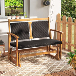 Costway Patio Rattan Glider Bench Outdoor 2-Person Rocking Loveseat W/ Acacia Wood Frame - thumbnail 3