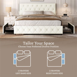 Yaheetech 5Ft King Faux Leather Upholstered Bed Frame With Adjustable Headboard And 2 Drawers, Cream - thumbnail 6