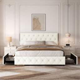 Yaheetech 5Ft King Faux Leather Upholstered Bed Frame With Adjustable Headboard And 2 Drawers, Cream - thumbnail 1