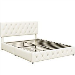 Yaheetech 5Ft King Faux Leather Upholstered Bed Frame With Adjustable Headboard And 2 Drawers, Cream - thumbnail 2