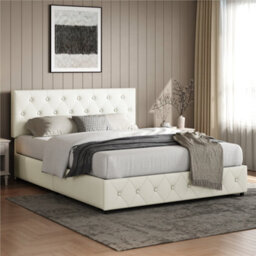 Yaheetech 5Ft King Faux Leather Upholstered Bed Frame With Adjustable Headboard And 2 Drawers, Cream - thumbnail 7