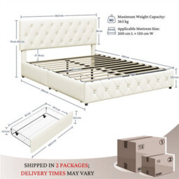 Yaheetech 5Ft King Faux Leather Upholstered Bed Frame With Adjustable Headboard And 2 Drawers, Cream - thumbnail 3