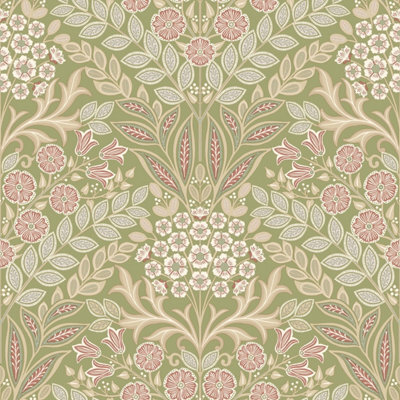 Grandeco Belevedere Arts And Crafts Floral Damask, Green - image 1