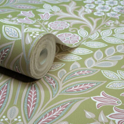 Grandeco Belevedere Arts And Crafts Floral Damask, Green - thumbnail 3