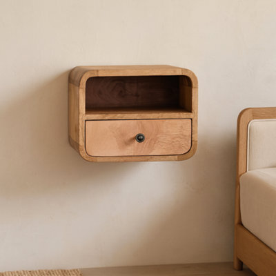 Wyld Haus Cagliari Small Wall Mounted Curved Mango Wood Bedside Table With Shelf