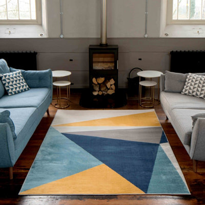 Loomed Blue Ochre Bold Geometric Area Rug 200X290Cm