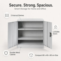 MMT Funiture Designs Metal Storage Cupboard Grey Steel Filing Cabinet With 1 Shelf - 2 Door Lockable Unit 90Cm, For Garage Tools, Kitchen, Utility Room - thumbnail 9
