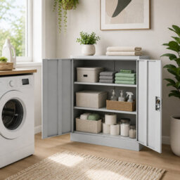 MMT Funiture Designs Metal Storage Cupboard Grey Steel Filing Cabinet With 1 Shelf - 2 Door Lockable Unit 90Cm, For Garage Tools, Kitchen, Utility Room - thumbnail 7