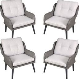 Loops Stylish 4 Pack Outdoor Dining Armchairs With Cushions In Grey Rattan Wicker - thumbnail 1