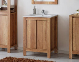 Impact Furniture Bathroom Furniture Set: 600 Sink Vanity, Mirror, Freestanding Storage Cabinet Oak Effect Classic - thumbnail 3
