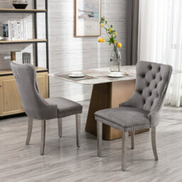 HomeTouch Set Of 2 Grey Velvet Upholstered Dining Chairs With Steel Legs, Wing Back Home Office Bedroom Kitchen Chairs