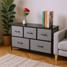 5 Drawer Chest Of Drawers Fabric Storage Unit With Wood Top And Metal Frame Freestanding Bedroom Or Hallway Black - thumbnail 2