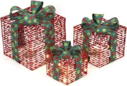 Set Of 3 Christmas Gift Boxes, Light-Up Led, Red And Green Ribbon, Battery Operated