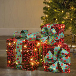 Set Of 3 Christmas Gift Boxes, Light-Up Led, Red And Green Ribbon, Battery Operated - thumbnail 2