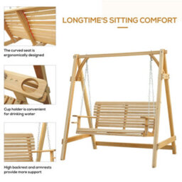 Outsunny 2 Seater Wooden Garden Swing Seat Hammock Bench Lounger, Natural - thumbnail 6