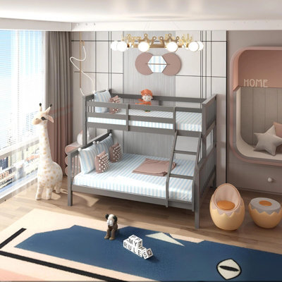 Interior Emporium Lily Wooden Trio Bunk Bed With 2 Single + 1 Double Mattress - With Extra Trundle - Grey - image 1