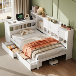 Abrihome 3Ft Single Daybed With Storage Drawers And Bookcase, Modern Bed Frame With Charging Station For Living Room, White(No Mattress) - thumbnail 8