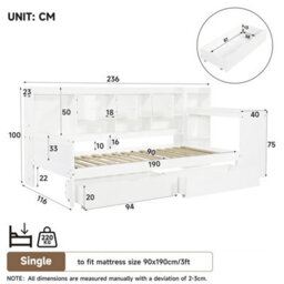 Abrihome 3Ft Single Daybed With Storage Drawers And Bookcase, Modern Bed Frame With Charging Station For Living Room, White(No Mattress) - thumbnail 7