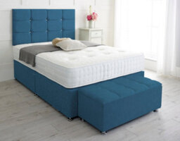Slumbre Roma Chenille Divan Bed, With Pocket Mattress & Ottoman Storage Box - 4Ft Small Double - Blue - 2 Drawers Same Side