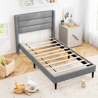 Costway Single Bed Frame Linen Upholstered Platform Bed W/headboard-Grey - image 1