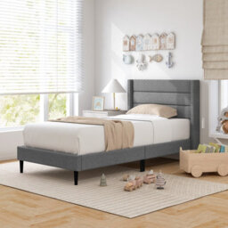 Costway Single Bed Frame Linen Upholstered Platform Bed W/headboard-Grey - thumbnail 4