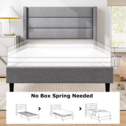 Costway Single Bed Frame Linen Upholstered Platform Bed W/headboard-Grey - thumbnail 7