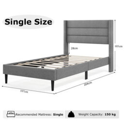 Costway Single Bed Frame Linen Upholstered Platform Bed W/headboard-Grey - thumbnail 2