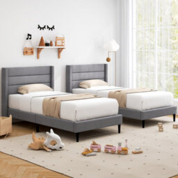 Costway Single Bed Frame Linen Upholstered Platform Bed W/headboard-Grey - thumbnail 8