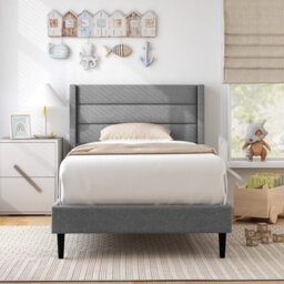 Costway Single Bed Frame Linen Upholstered Platform Bed W/headboard-Grey - thumbnail 9