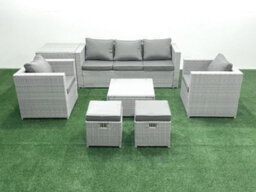 Fimous 7 Seater Rattan Garden Furniture Set 3 Seater Sofa 2 Chair Square Coffee Table 2 Small Stools Side Table Light Grey - thumbnail 2