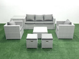 Fimous 7 Seater Rattan Garden Furniture Set 3 Seater Sofa 2 Chair Square Coffee Table 2 Small Stools Side Table Light Grey - thumbnail 1