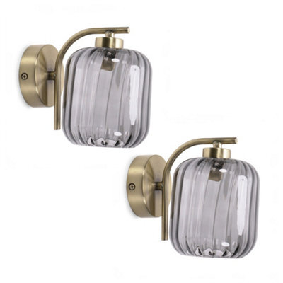 Valuelights Amelie Pair Of - Gold Curved Bar Wall Light With Smoked Ribbed Glass Shade - image 1