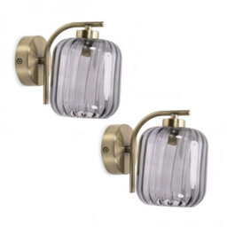 Valuelights Amelie Pair Of - Gold Curved Bar Wall Light With Smoked Ribbed Glass Shade - thumbnail 1