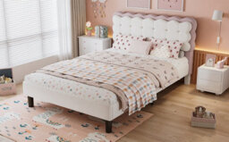 Btm 4Ft6 Upholstered Bed 135X190 Cm, Children's Double Bed With Biscuit Velvet Backrest, Soft Headboard, Beige+Pink - thumbnail 8