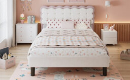 Btm 4Ft6 Upholstered Bed 135X190 Cm, Children's Double Bed With Biscuit Velvet Backrest, Soft Headboard, Beige+Pink - thumbnail 9