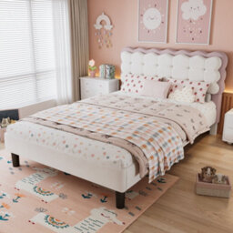 Btm 4Ft6 Upholstered Bed 135X190 Cm, Children's Double Bed With Biscuit Velvet Backrest, Soft Headboard, Beige+Pink