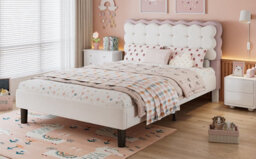 Btm 4Ft6 Upholstered Bed 135X190 Cm, Children's Double Bed With Biscuit Velvet Backrest, Soft Headboard, Beige+Pink - thumbnail 7