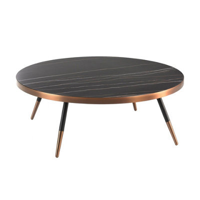 Angel Cerda Stylish Round Coffee Table With Porcelain Marble Top And Black Steel Legs