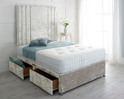 "Adore Designs Rio Crushed Velvet Divan Bed, With Pocket Mattress & 36"" Headboard - 4Ft6 Double - Cream - 2 Drawers Same Side"
