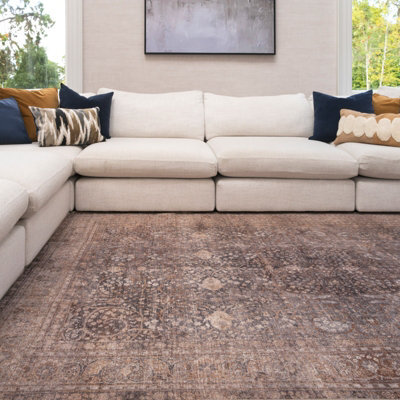 Loomed Traditional Design Cotton Chenille Rug Beige Brown Machine Washable 280Cm X 380Cm - image 1