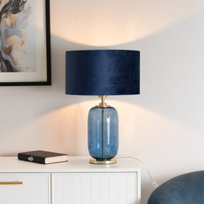 Valuelights Leigh Navy Blue Glass And Gold Detail Table Lamp With Velvet Drum Shade - image 1