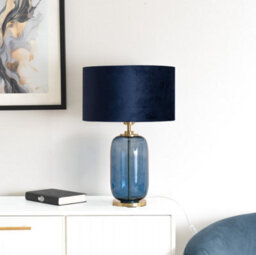 Valuelights Leigh Navy Blue Glass And Gold Detail Table Lamp With Velvet Drum Shade - thumbnail 4
