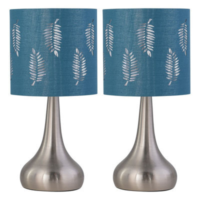 First Choice Lighting Set Of 2 Romana - Brushed Chrome Touch Operated Table Lamps Bedside Lights Teal Fern Shade - image 1