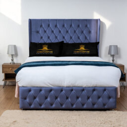 UKBEDFURNITURE Luxor Blue Plush Wingback Divan Bed With 2 Foot End Drawers & 54 Inch Headboard - thumbnail 2