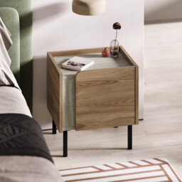 Decortie Norm Modern Bedside Table Nightstand 45Cm Soft-Close Door Storage Metal Legs Travertine, Whiskey Oak Bedroom - thumbnail 1