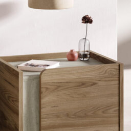 Decortie Norm Modern Bedside Table Nightstand 45Cm Soft-Close Door Storage Metal Legs Travertine, Whiskey Oak Bedroom - thumbnail 4