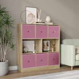 Urbn-Living Urbnliving Asymmetrical 8 Cube Bookcase Shelf Storage Unit W/ 6 Fabric Drawer Inserts (Oak+Pastel Pink) - thumbnail 1