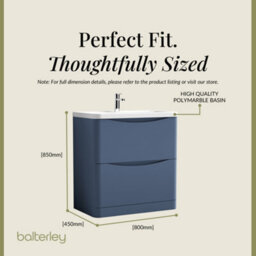 Balterley Dunwood Floor Standing 2 Drawer Bathroom Vanity Unit & Polymarble Basin, Satin Blue, 755mm - thumbnail 5